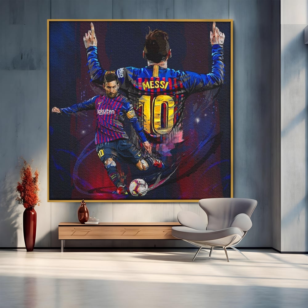 Tablou canvas cu tablou canvas cu fotbalistul lionel messi, in rama de aluminiu auriu
