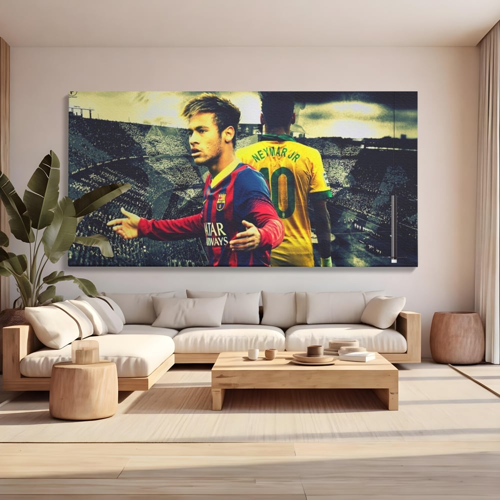 Tablou canvas cu tablou canvas cu fotbalistul neymar, fara rama, pe sasiu de lemn, pe perete intr-un living