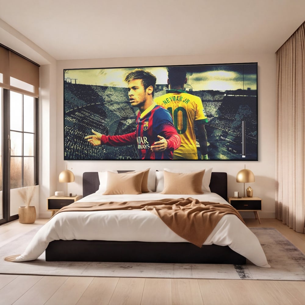 Tablou canvas cu tablou canvas cu fotbalistul neymar, in rama de aluminiu negru, pe perete intr-un dormitor
