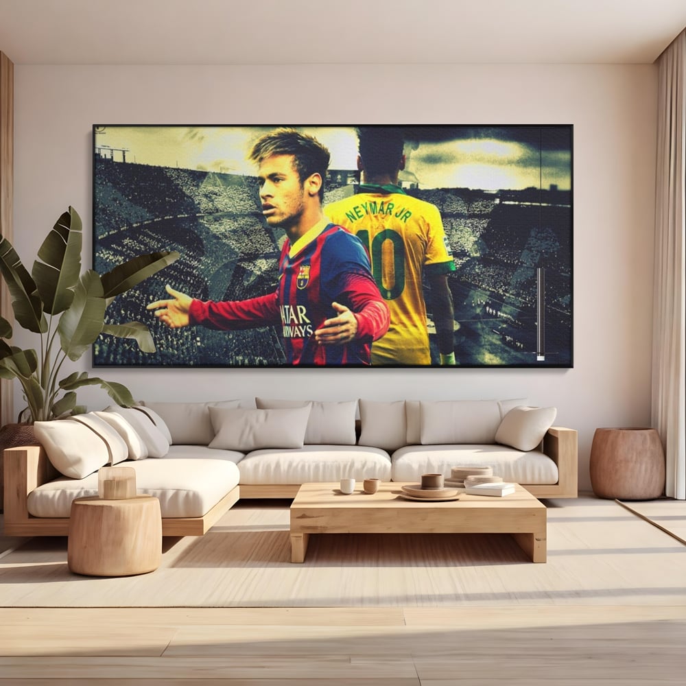 Tablou canvas cu tablou canvas cu fotbalistul neymar, in rama de aluminiu negru, pe perete intr-un living