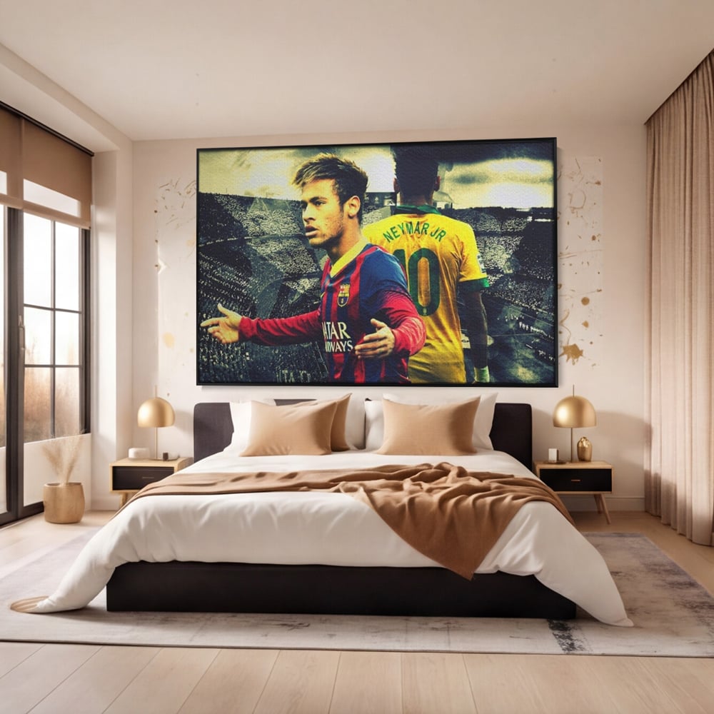 Tablou canvas cu tablou canvas cu fotbalistul neymar, in rama de aluminiu negru, pe perete intr-un dormitor
