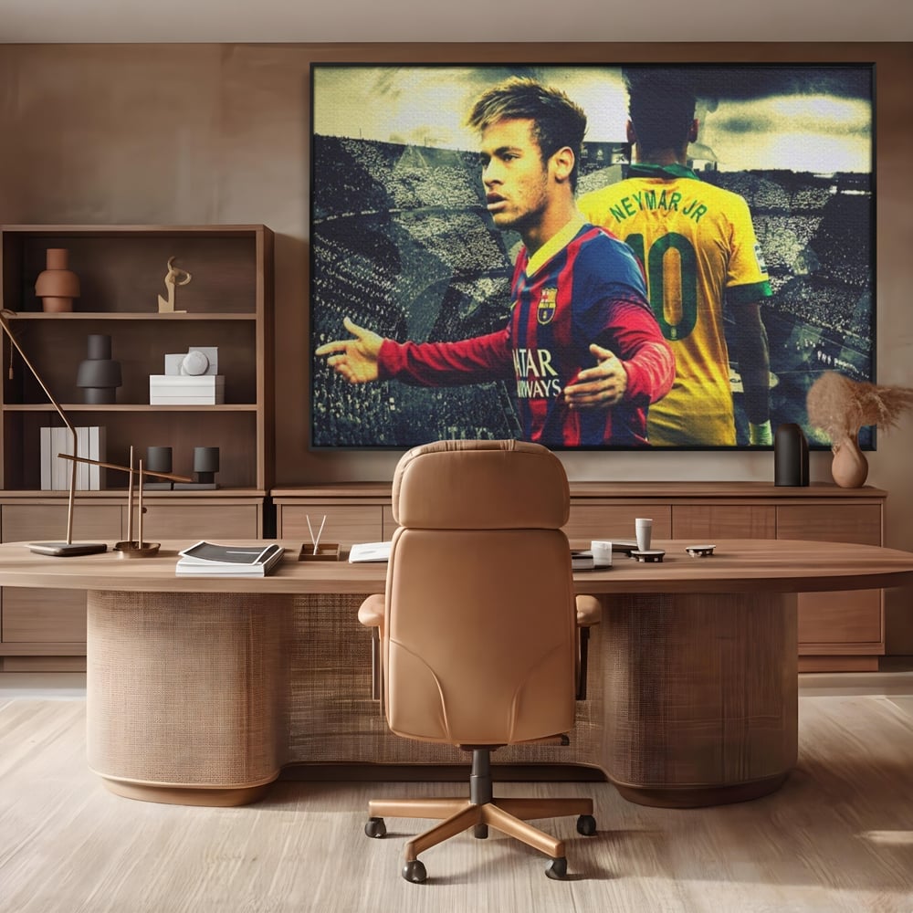 Tablou canvas cu tablou canvas cu fotbalistul neymar, in rama de aluminiu negru, pe perete intr-un birou