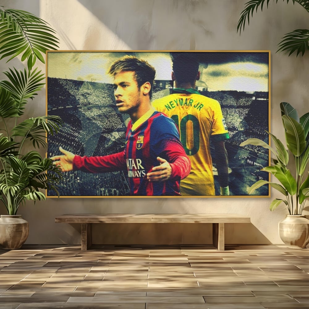 Tablou canvas cu tablou canvas cu fotbalistul neymar, in rama de aluminiu auriu