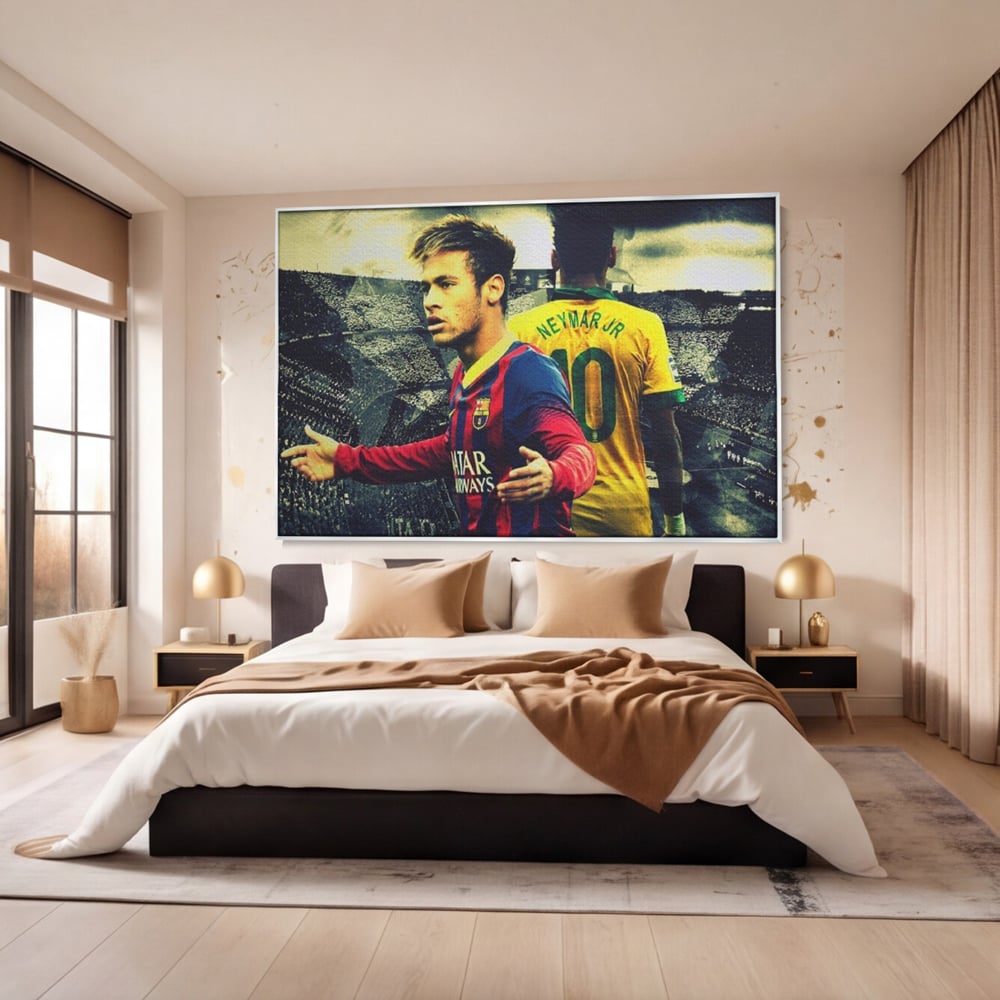 Tablou canvas cu tablou canvas cu fotbalistul neymar, in rama de aluminiu argintiu, pe perete intr-un dormitor