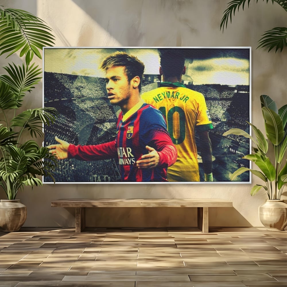 Tablou canvas cu tablou canvas cu fotbalistul neymar, in rama de aluminiu argintiu