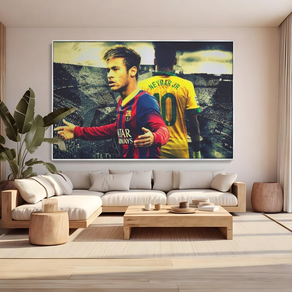 Tablou canvas cu tablou canvas cu fotbalistul neymar, in rama de aluminiu argintiu, pe perete intr-un living