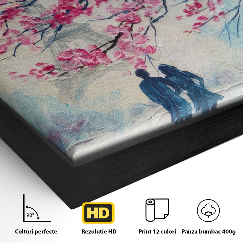 Detaliu al suprafetei: tablou patrat cuplu sub pom roz, in rama de aluminiu negru