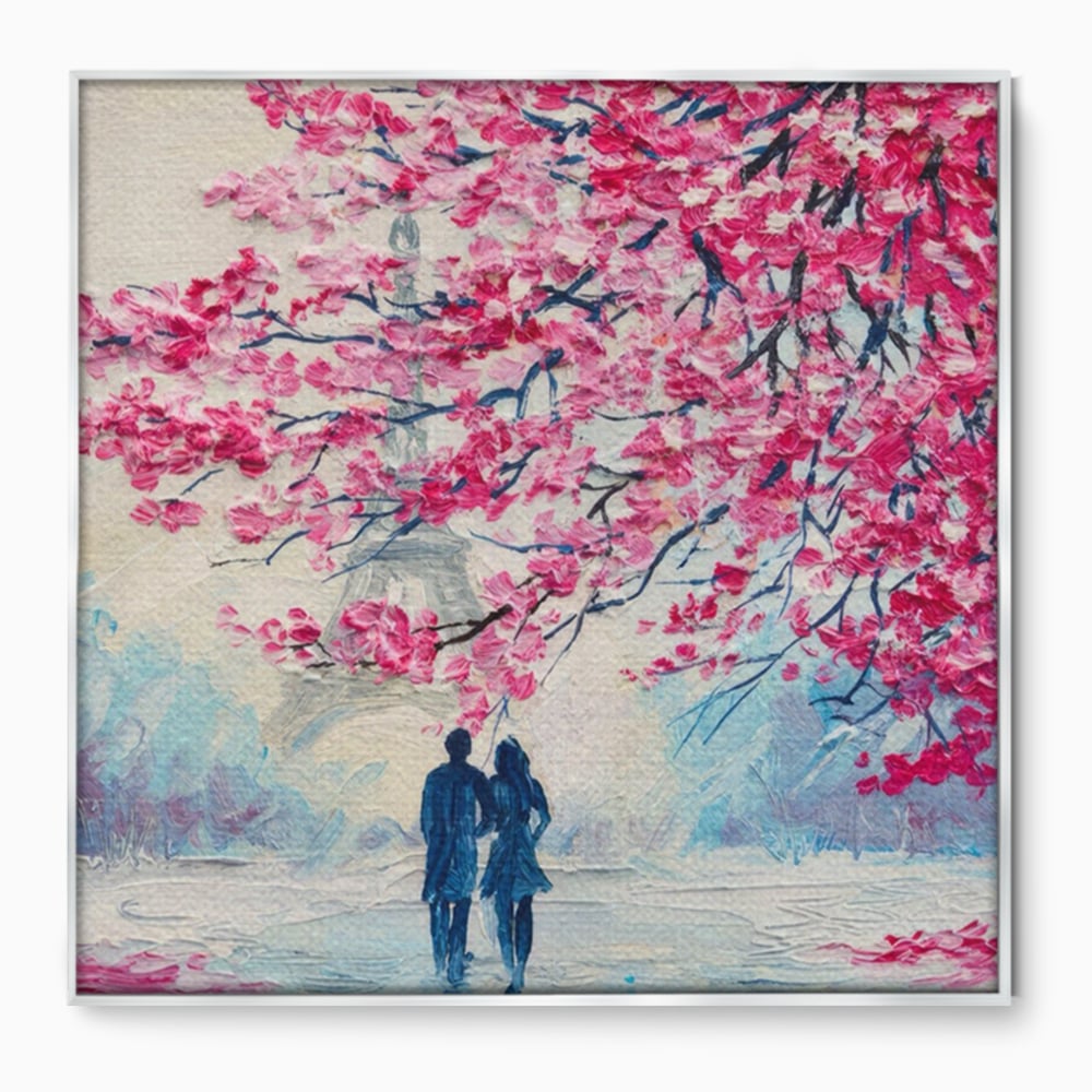 Tablou canvas cu tablou patrat cuplu sub pom roz, in rama de aluminiu argintiu