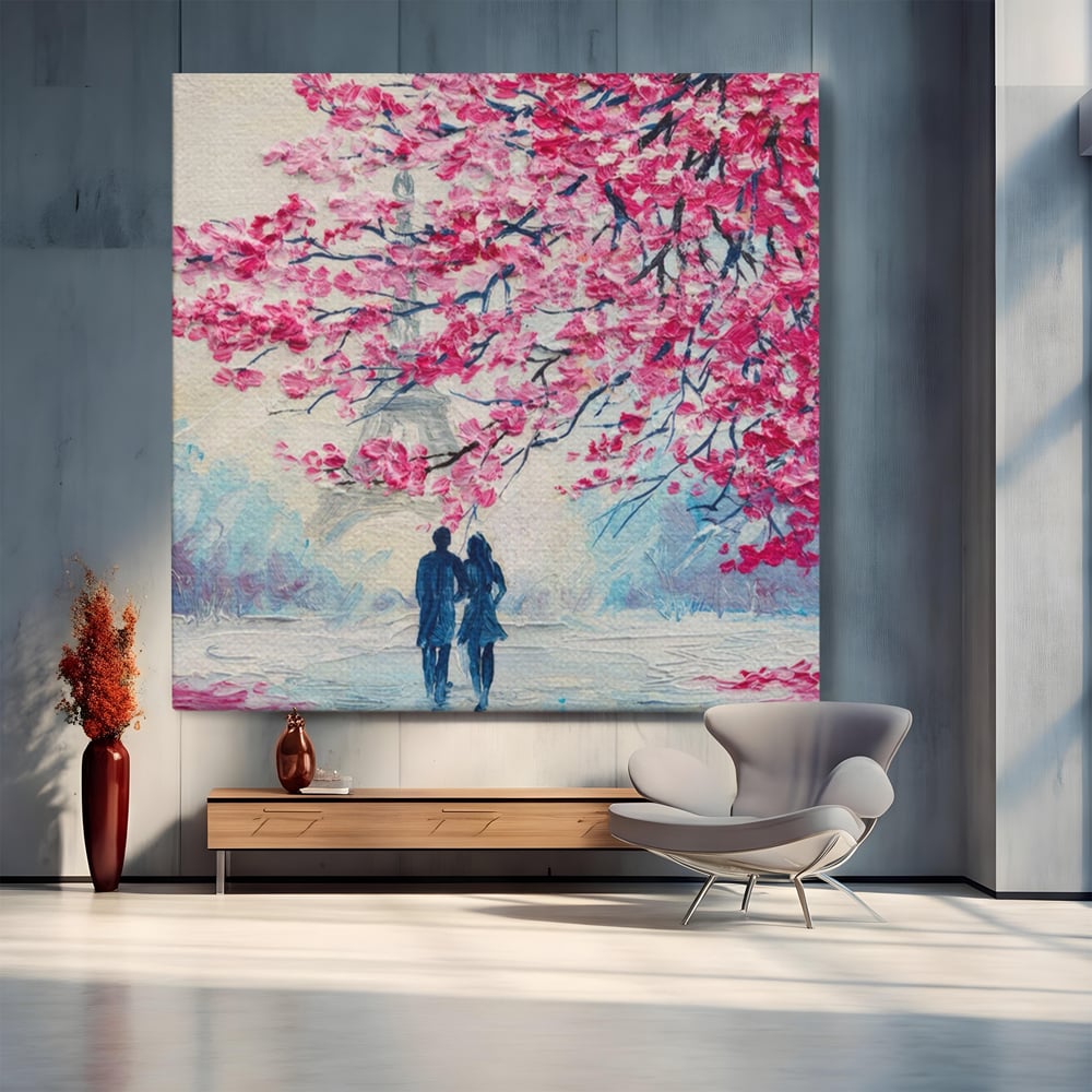 Tablou canvas cu tablou patrat cuplu sub pom roz, fara rama, pe sasiu de lemn