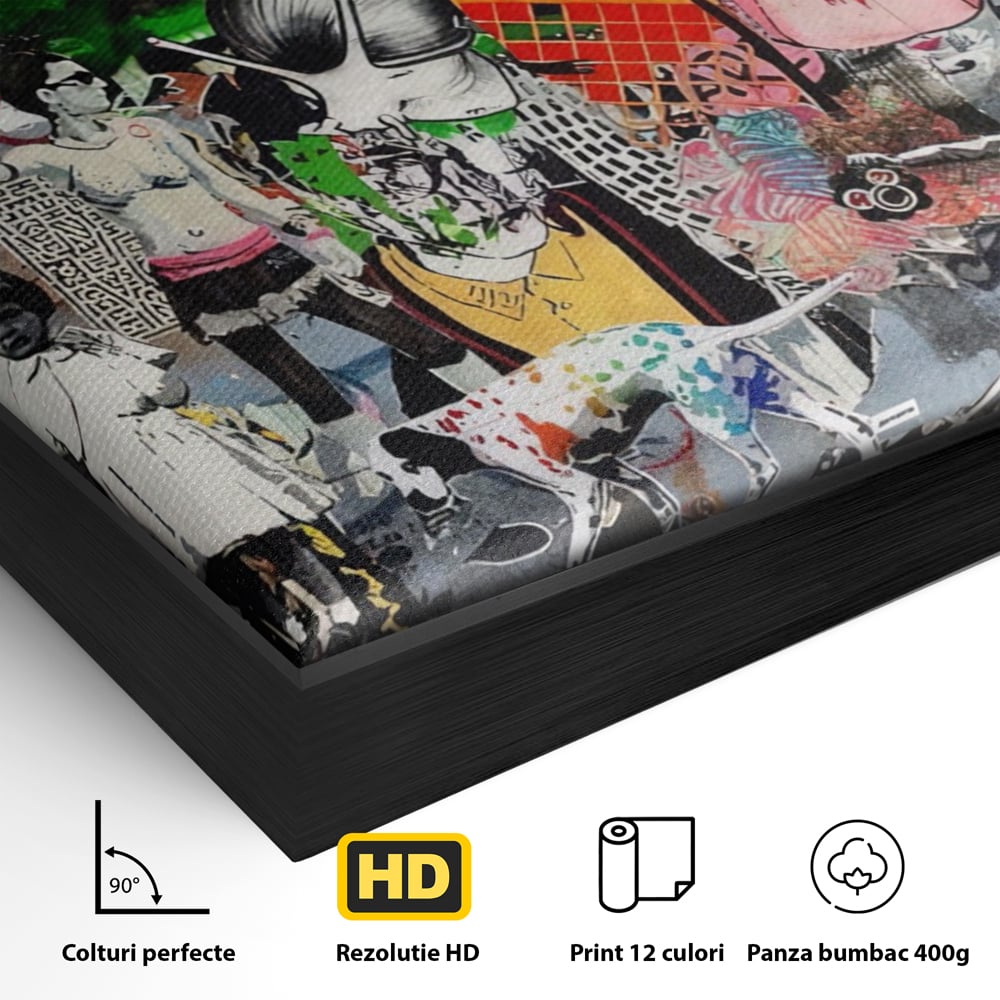 Detaliu al suprafetei: tablou canvas cu graffiti urban si personaje, in rama de aluminiu negru