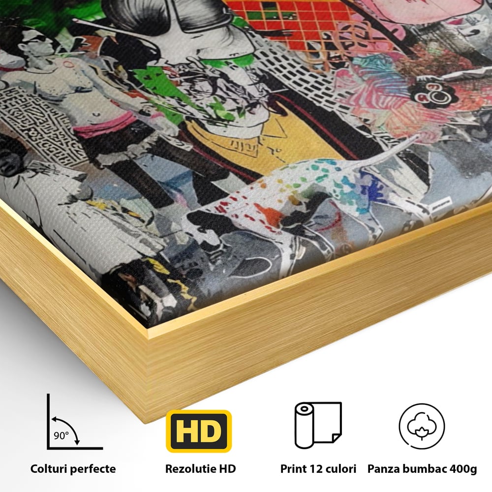 Detaliu al suprafetei: tablou canvas cu graffiti urban si personaje, in rama de aluminiu auriu