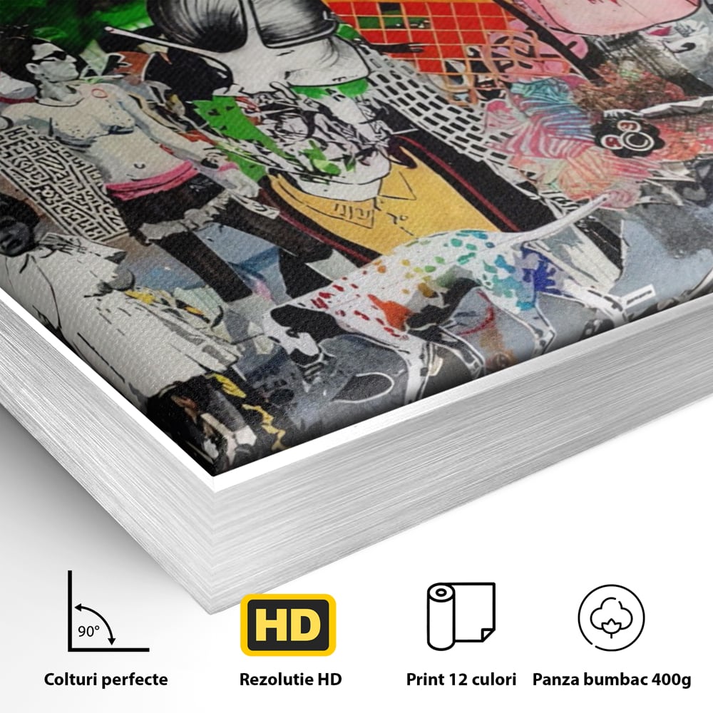 Detaliu al suprafetei: tablou canvas cu graffiti urban si personaje, in rama de aluminiu argintiu