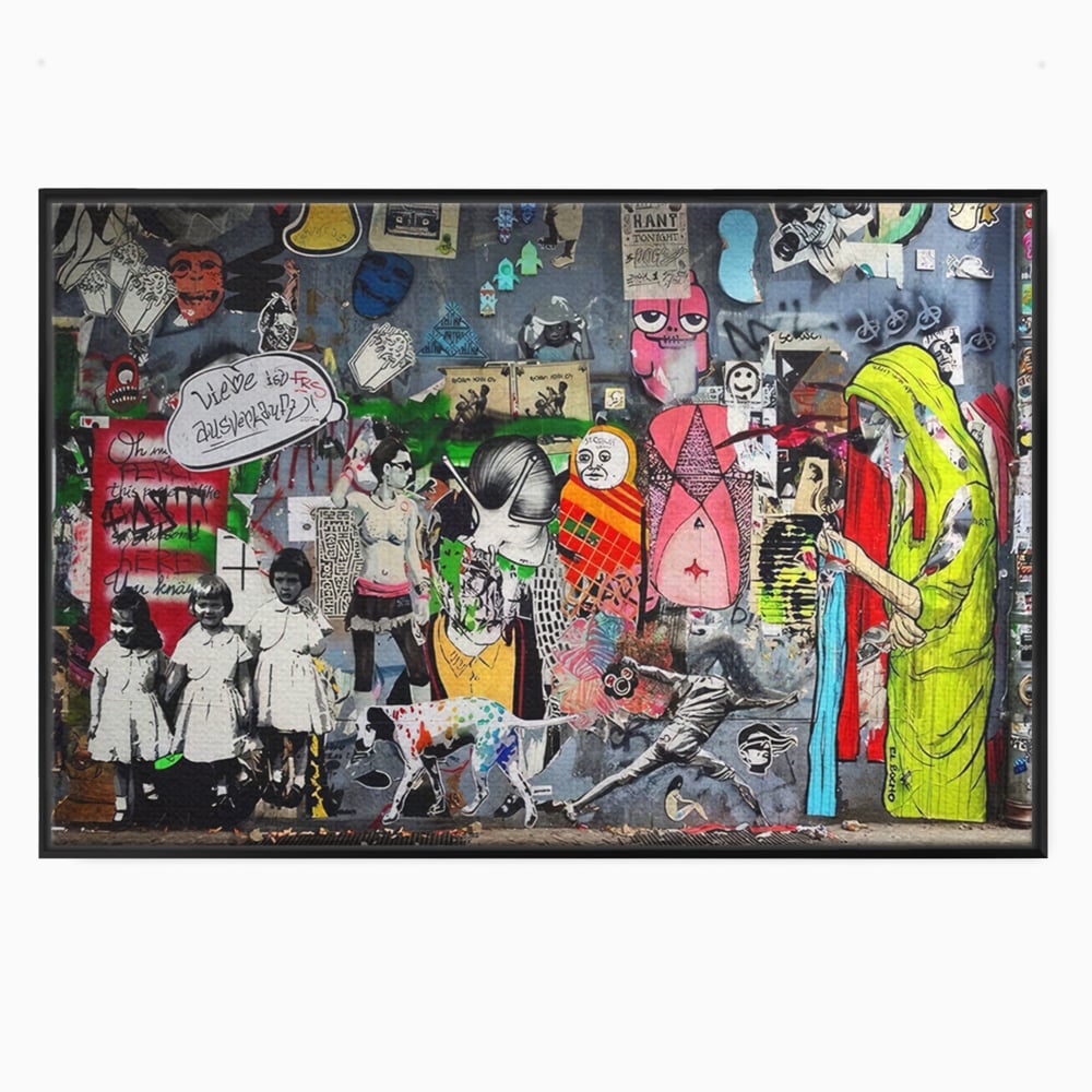 Tablou canvas cu tablou canvas cu graffiti urban si personaje, in rama de aluminiu negru