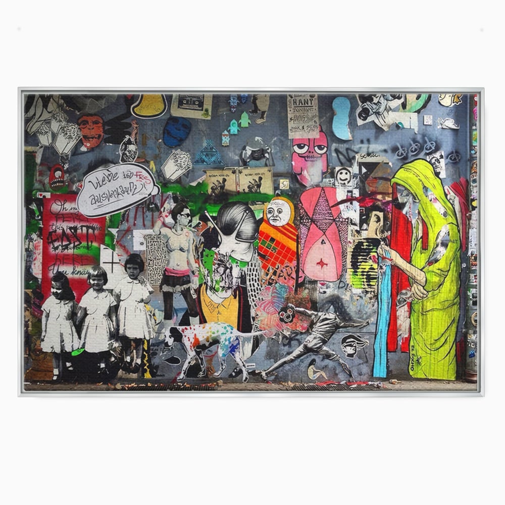 Tablou canvas cu tablou canvas cu graffiti urban si personaje, in rama de aluminiu argintiu