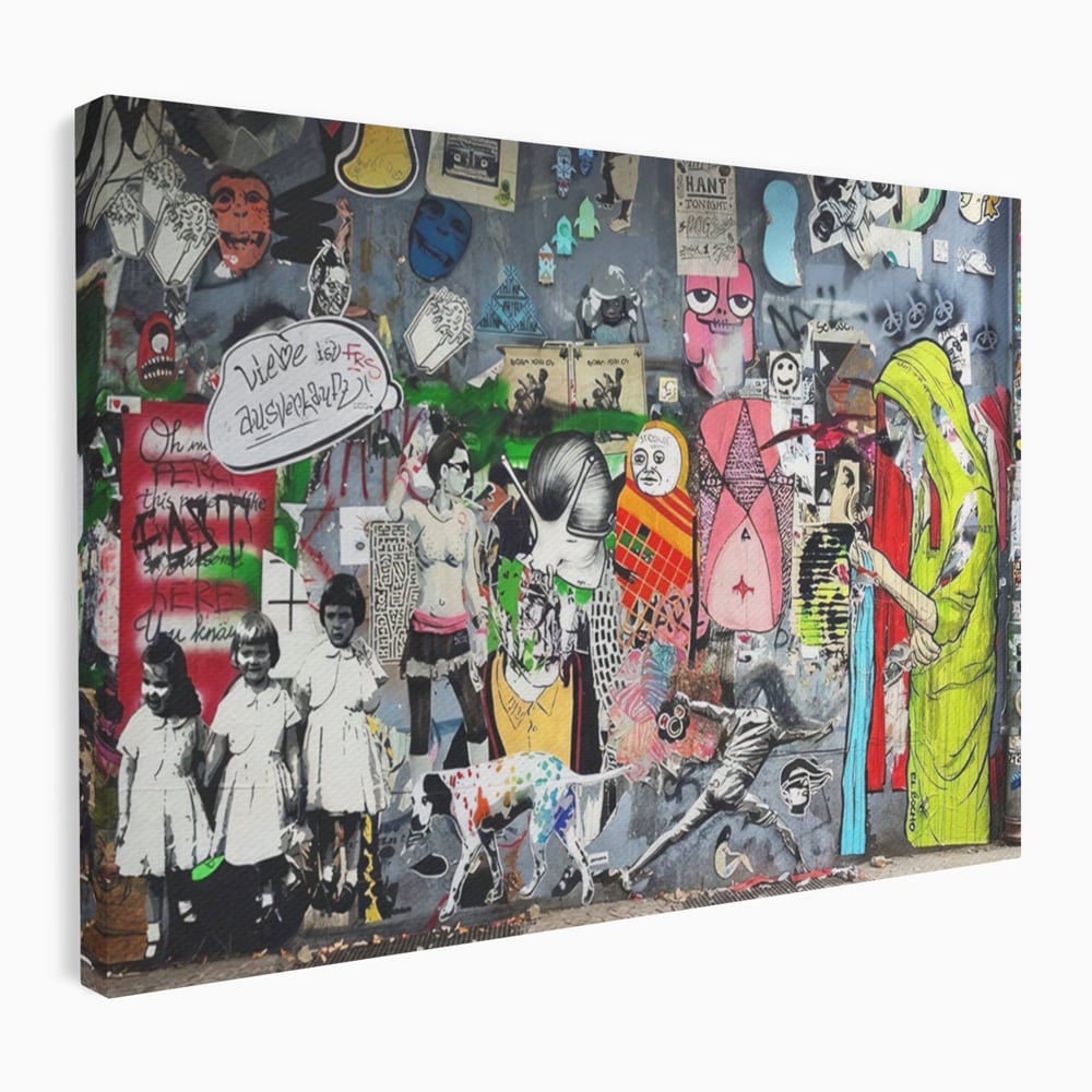 Tablou canvas cu tablou canvas cu graffiti urban si personaje, fara rama, pe sasiu de lemn