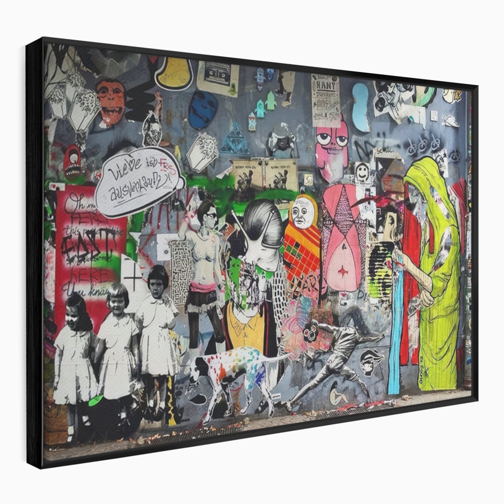 Tablou canvas cu tablou canvas cu graffiti urban si personaje, in rama de aluminiu negru
