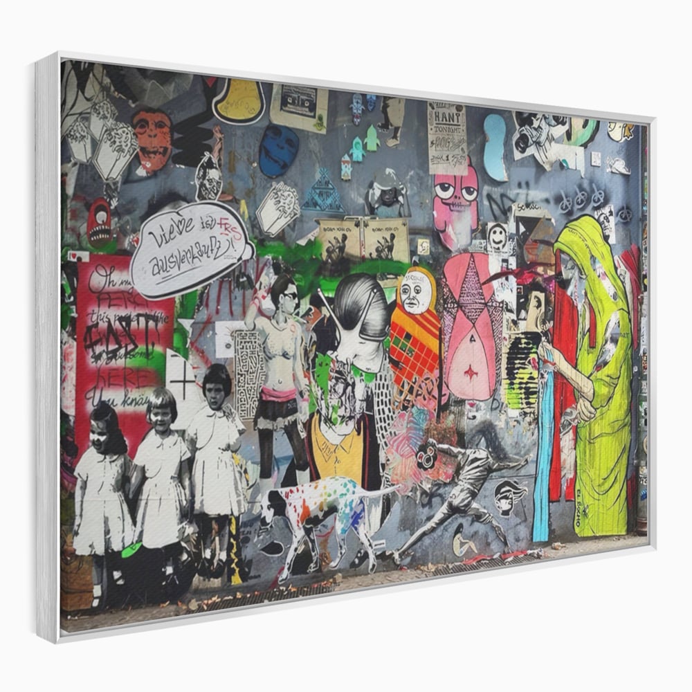 Tablou canvas cu tablou canvas cu graffiti urban si personaje, in rama de aluminiu argintiu