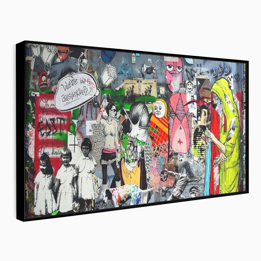 Tablou canvas cu tablou canvas cu graffiti urban si personaje, in rama de aluminiu negru