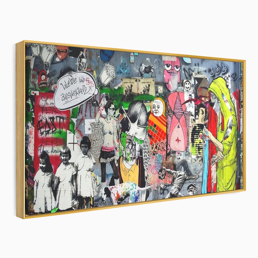 Tablou canvas cu tablou canvas cu graffiti urban si personaje, in rama de aluminiu auriu