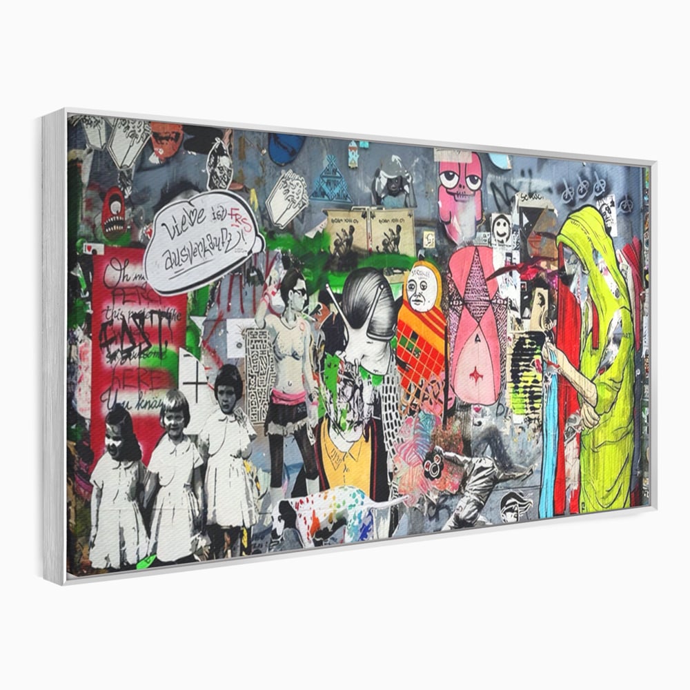 Tablou canvas cu tablou canvas cu graffiti urban si personaje, in rama de aluminiu argintiu