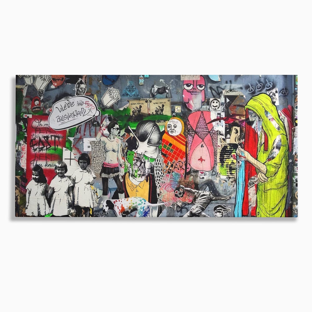 Tablou canvas cu tablou canvas cu graffiti urban si personaje, fara rama, pe sasiu de lemn
