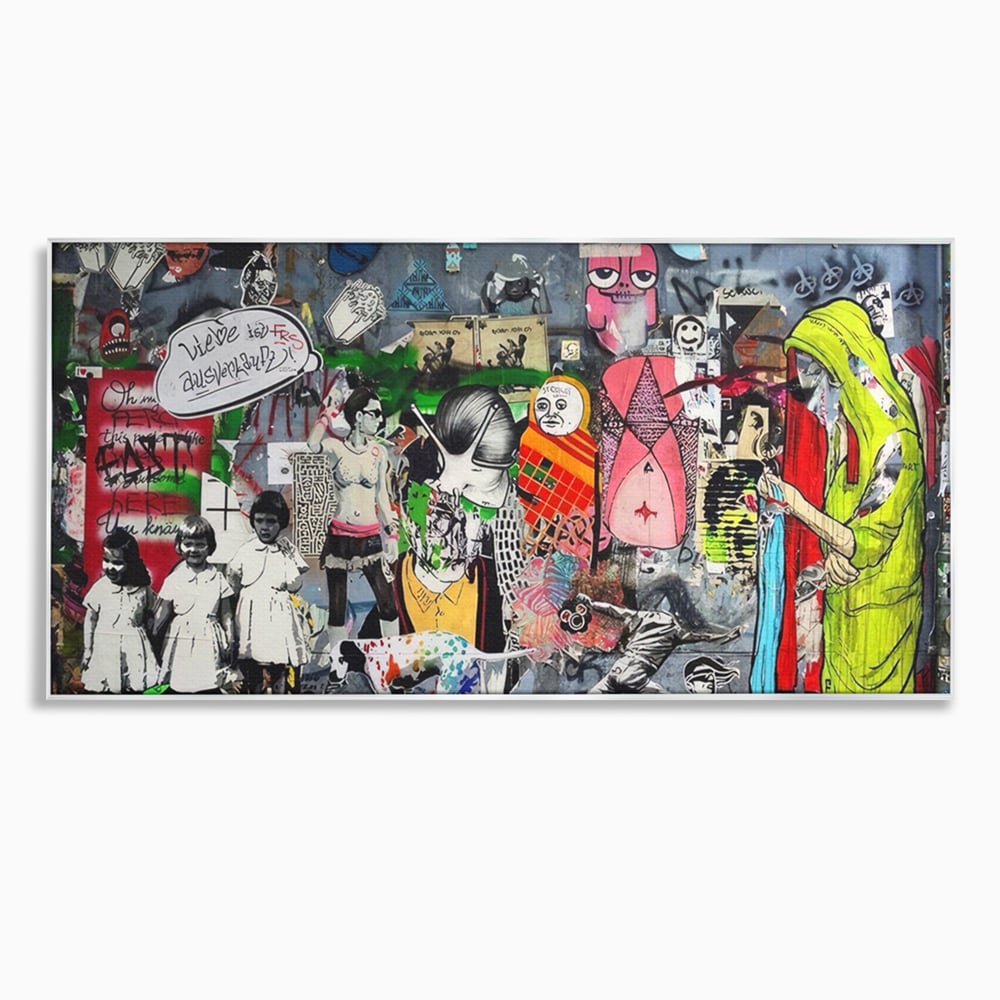 Tablou canvas cu tablou canvas cu graffiti urban si personaje, in rama de aluminiu argintiu