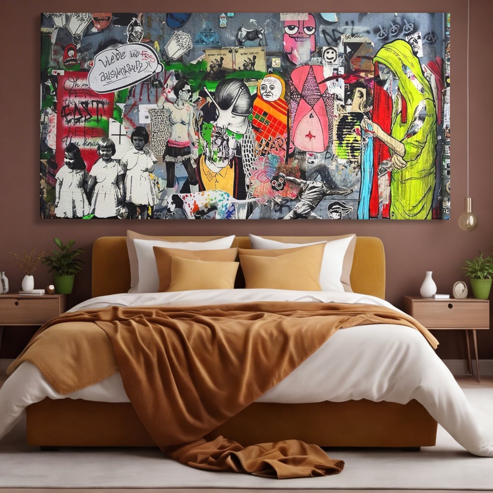 Tablou canvas cu tablou canvas cu graffiti urban si personaje, fara rama, pe sasiu de lemn, pe perete intr-un dormitor