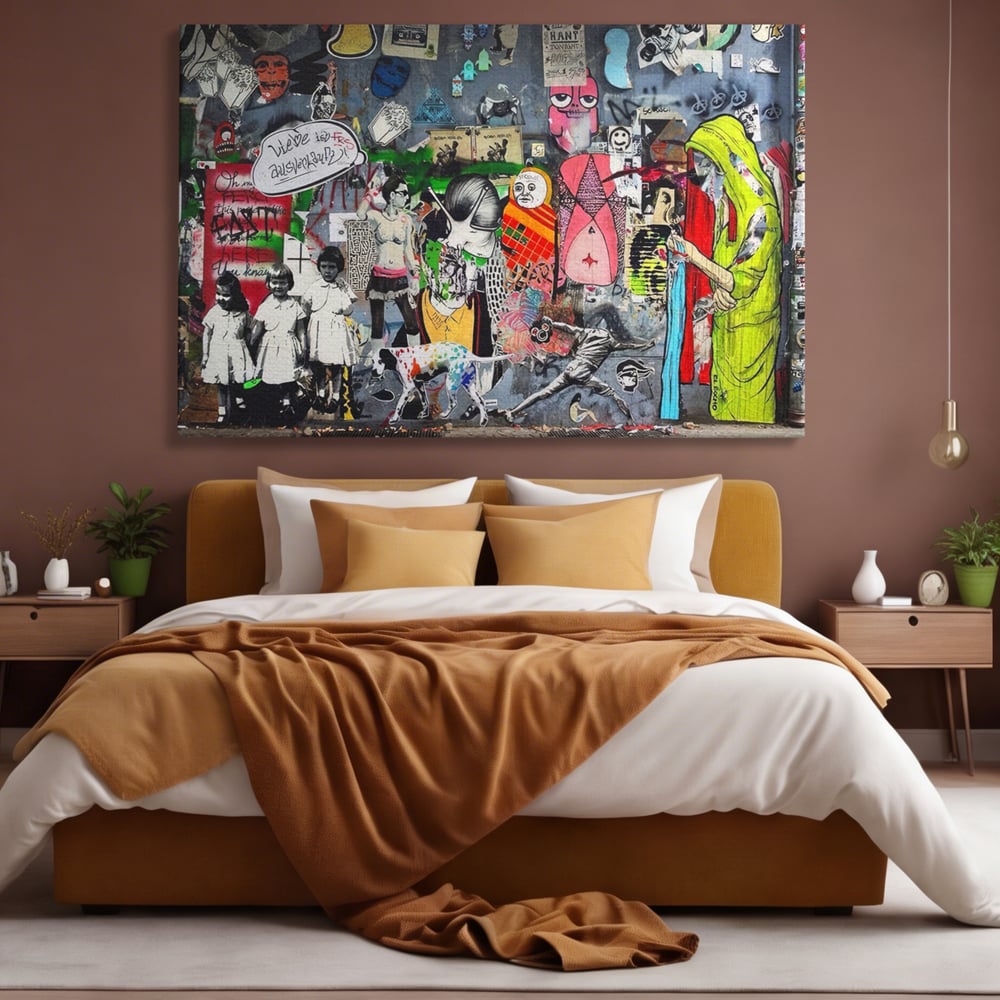 Tablou canvas cu tablou canvas cu graffiti urban si personaje, fara rama, pe sasiu de lemn, pe perete intr-un dormitor