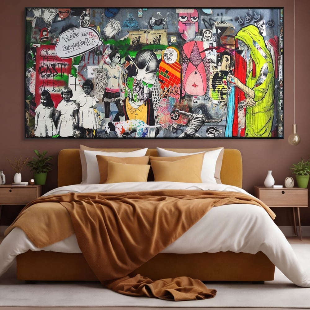 Tablou canvas cu tablou canvas cu graffiti urban si personaje, in rama de aluminiu negru, pe perete intr-un dormitor