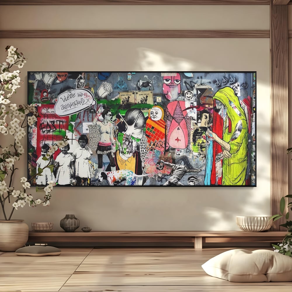Tablou canvas cu tablou canvas cu graffiti urban si personaje, in rama de aluminiu negru