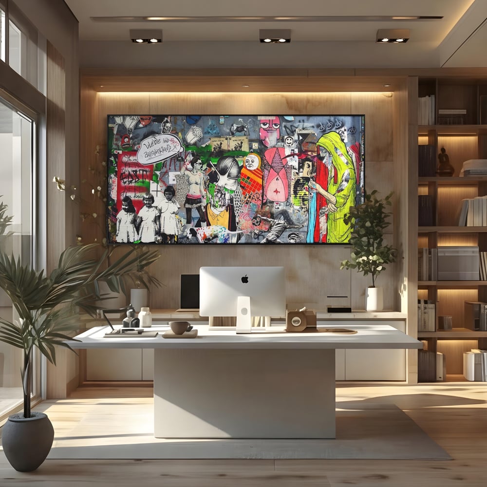 Tablou canvas cu tablou canvas cu graffiti urban si personaje, in rama de aluminiu negru, pe perete intr-un birou