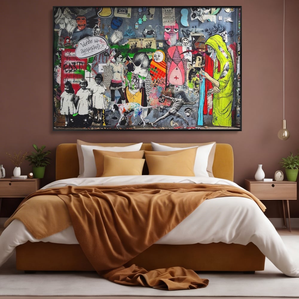 Tablou canvas cu tablou canvas cu graffiti urban si personaje, in rama de aluminiu negru, pe perete intr-un dormitor