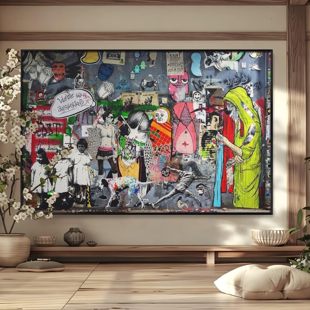 Tablou canvas cu tablou canvas cu graffiti urban si personaje, in rama de aluminiu negru