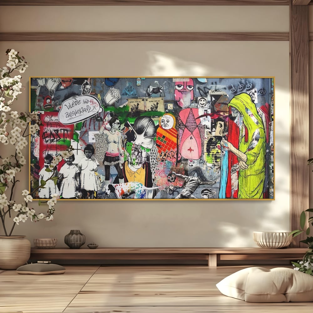 Tablou canvas cu tablou canvas cu graffiti urban si personaje, in rama de aluminiu auriu