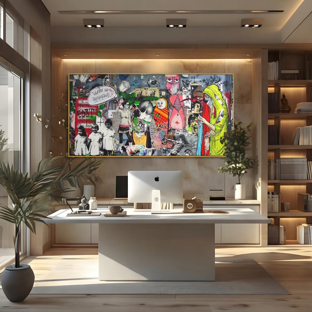 Tablou canvas cu tablou canvas cu graffiti urban si personaje, in rama de aluminiu auriu, pe perete intr-un birou