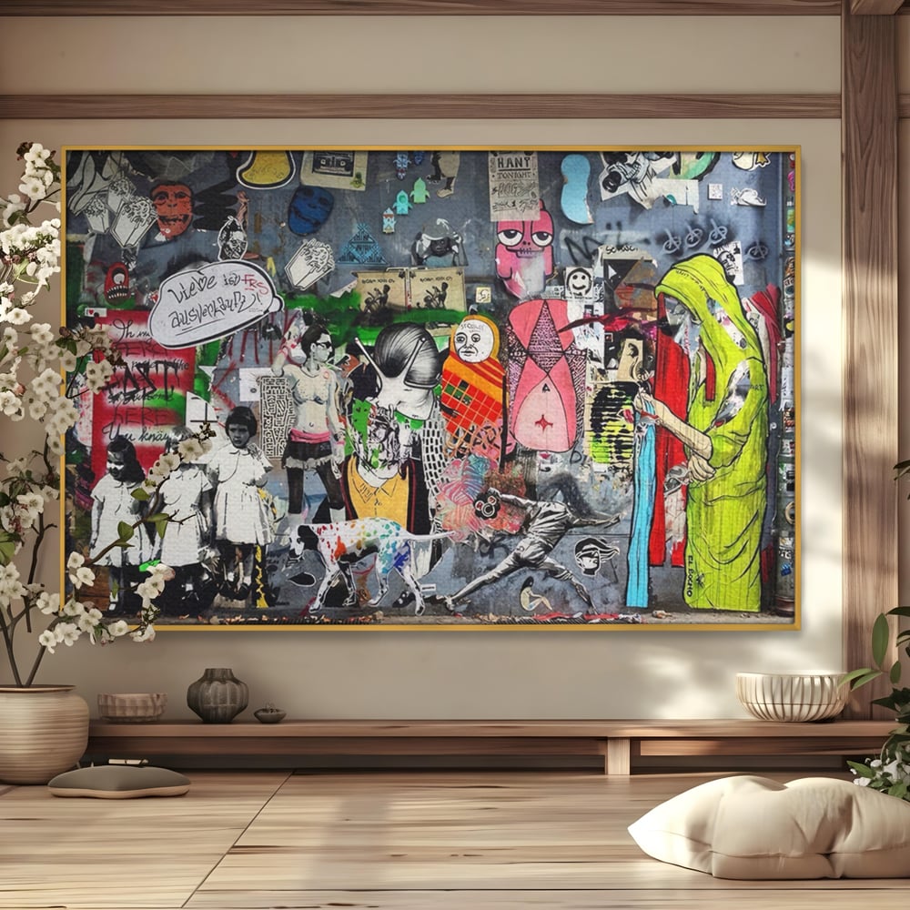 Tablou canvas cu tablou canvas cu graffiti urban si personaje, in rama de aluminiu auriu