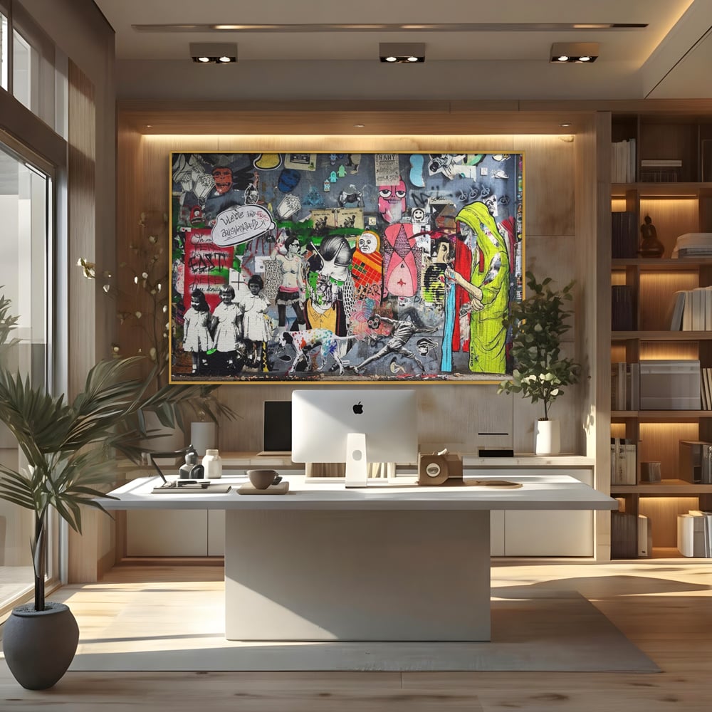 Tablou canvas cu tablou canvas cu graffiti urban si personaje, in rama de aluminiu auriu, pe perete intr-un birou