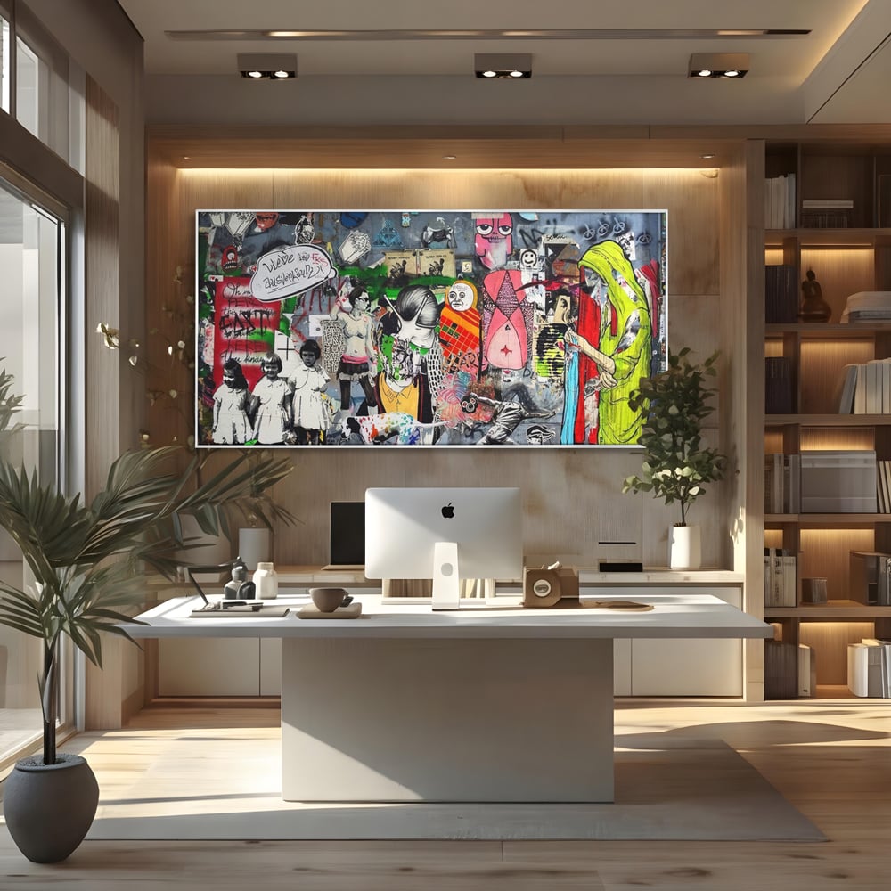 Tablou canvas cu tablou canvas cu graffiti urban si personaje, in rama de aluminiu argintiu, pe perete intr-un birou