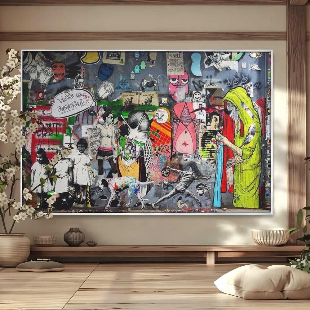 Tablou canvas cu tablou canvas cu graffiti urban si personaje, in rama de aluminiu argintiu