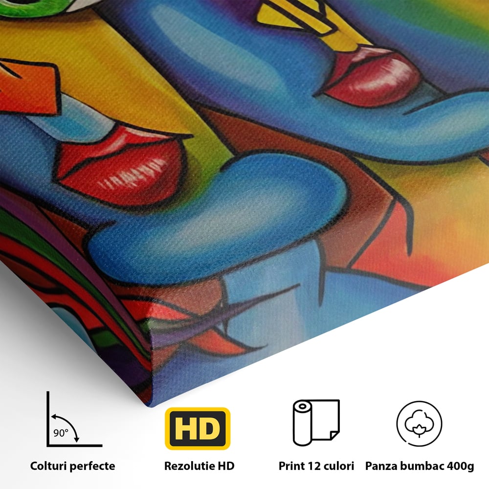Detaliu al suprafetei: tablou canvas cu fete abstracte colorate, fara rama, pe sasiu de lemn