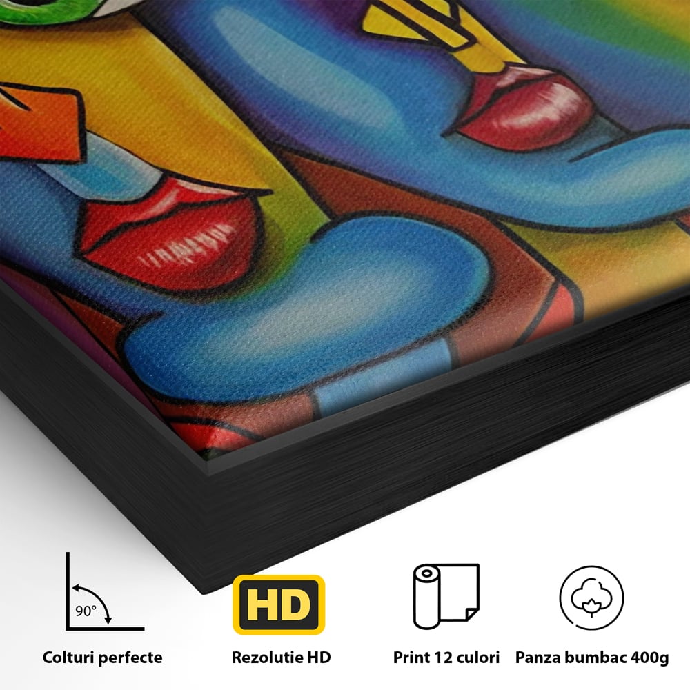 Detaliu al suprafetei: tablou canvas cu fete abstracte colorate, in rama de aluminiu negru