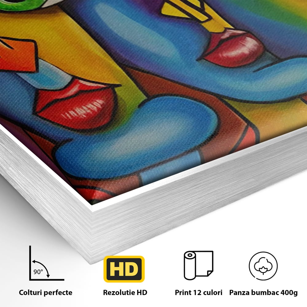 Detaliu al suprafetei: tablou canvas cu fete abstracte colorate, in rama de aluminiu argintiu