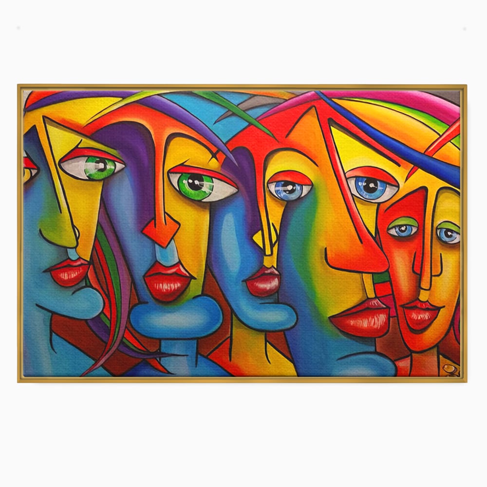 Tablou canvas cu tablou canvas cu fete abstracte colorate, in rama de aluminiu auriu