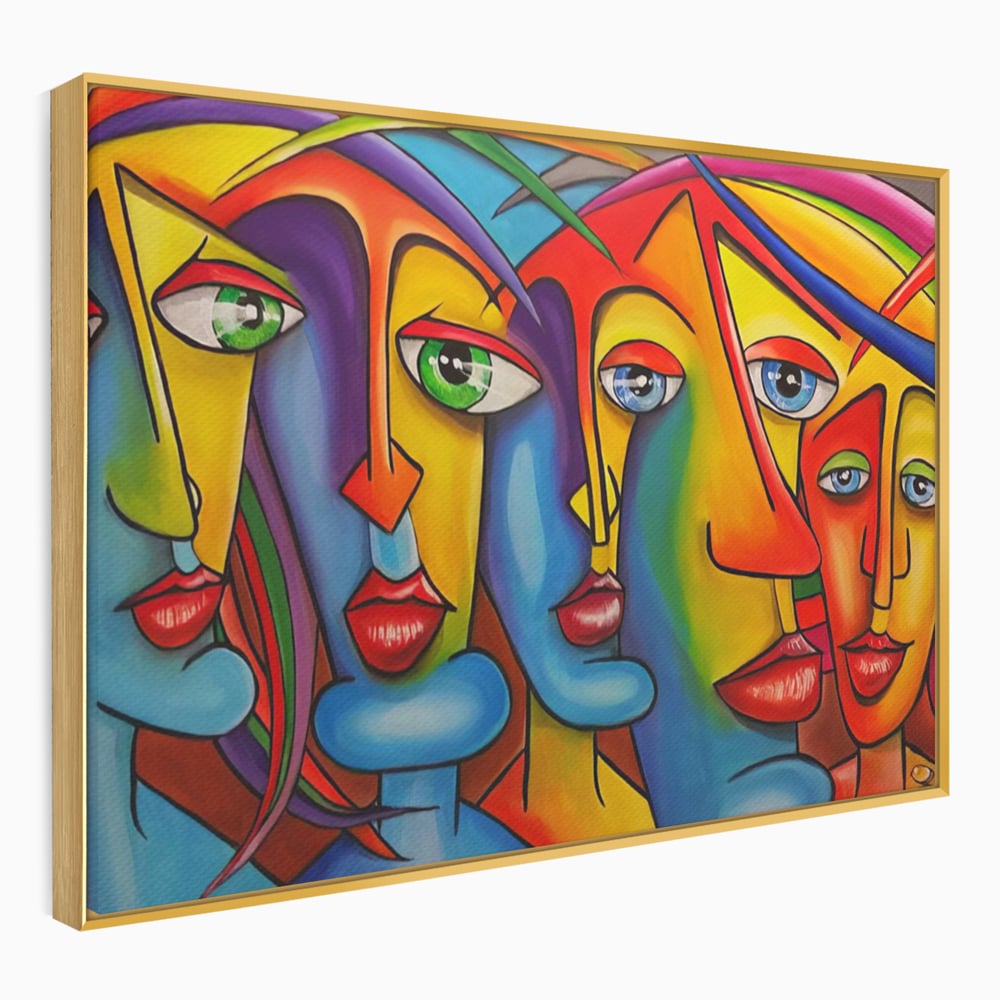 Tablou canvas cu tablou canvas cu fete abstracte colorate, in rama de aluminiu auriu