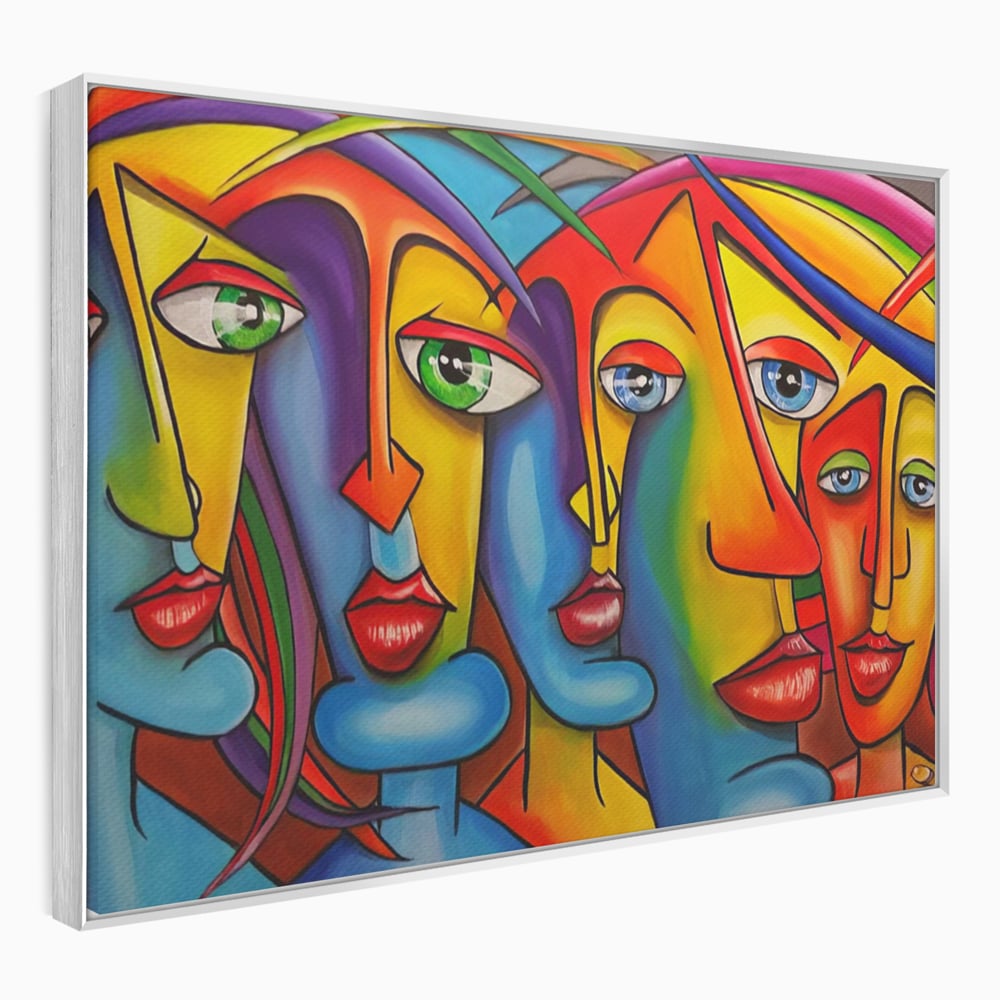 Tablou canvas cu tablou canvas cu fete abstracte colorate, in rama de aluminiu argintiu