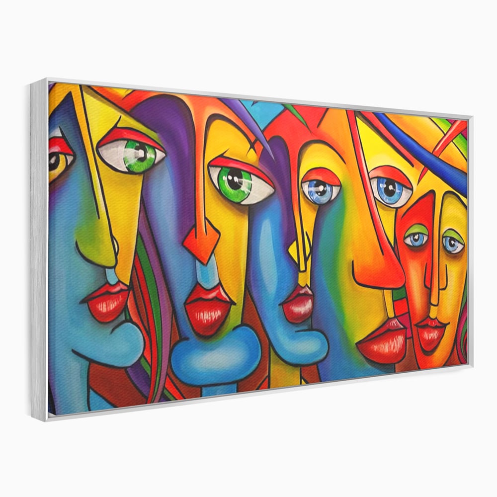 Tablou canvas cu tablou canvas cu fete abstracte colorate, in rama de aluminiu argintiu