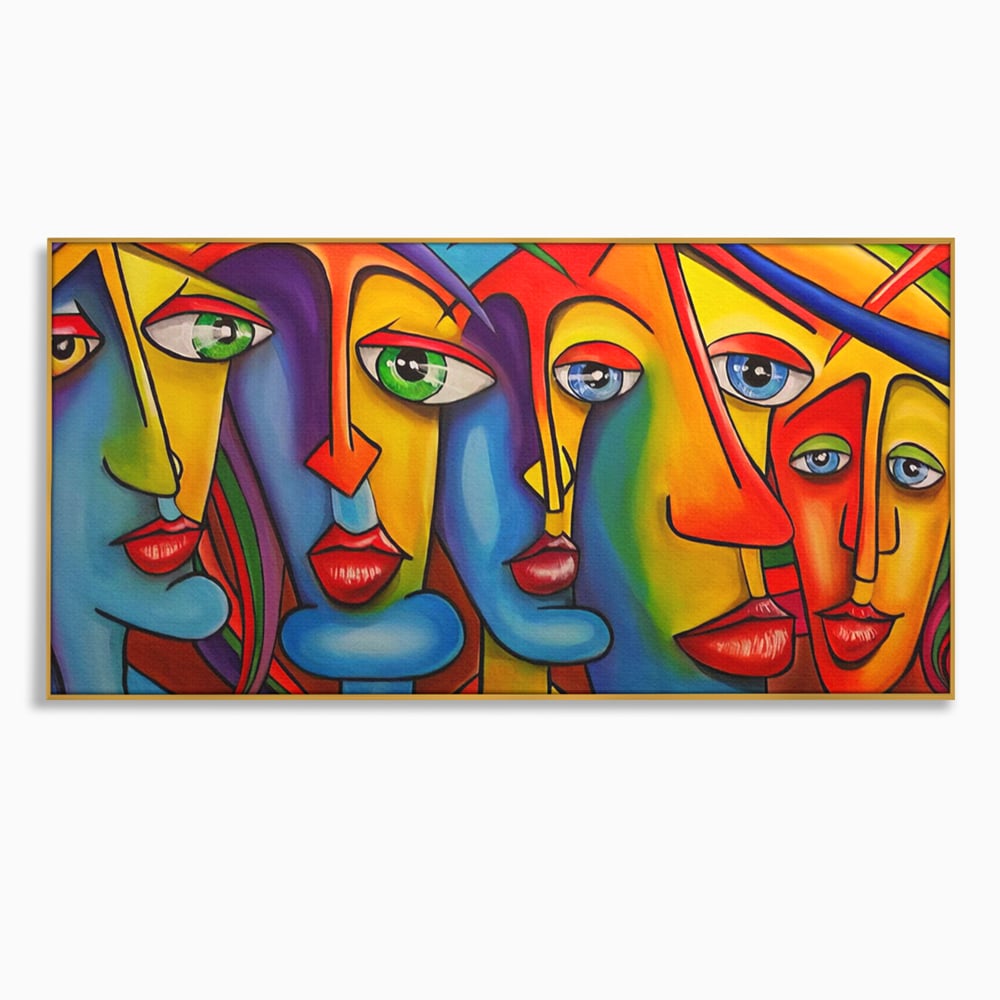 Tablou canvas cu tablou canvas cu fete abstracte colorate, in rama de aluminiu auriu