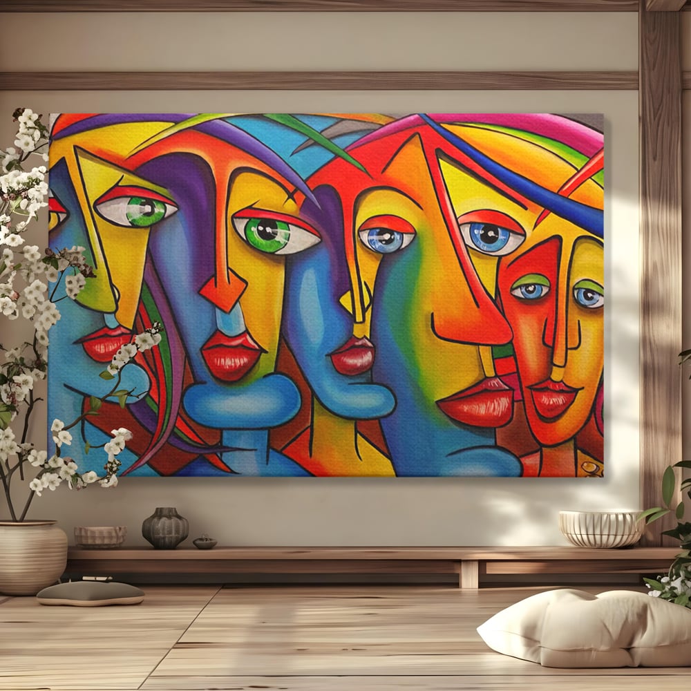 Tablou canvas cu tablou canvas cu fete abstracte colorate, fara rama, pe sasiu de lemn