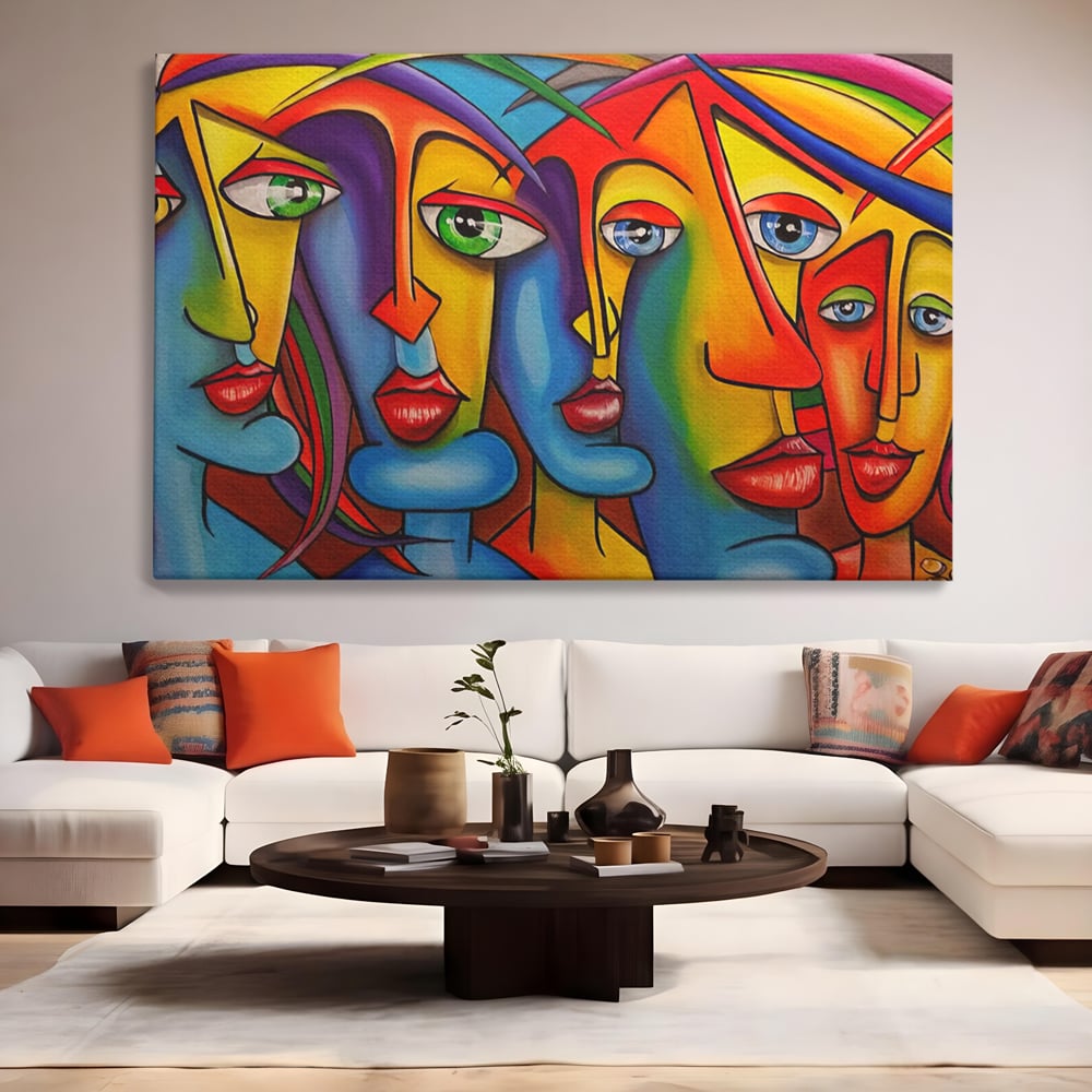 Tablou canvas cu tablou canvas cu fete abstracte colorate, fara rama, pe sasiu de lemn, pe perete intr-un living