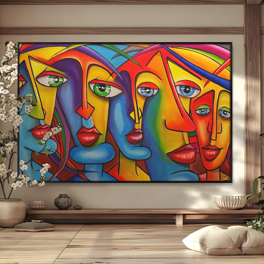 Tablou canvas cu tablou canvas cu fete abstracte colorate, in rama de aluminiu negru